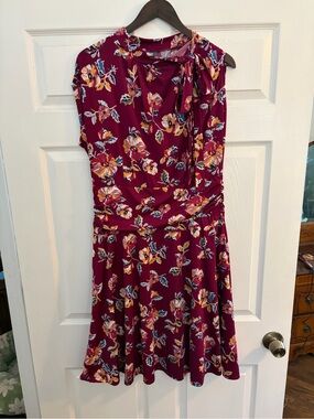 Modcloth Burgundy Floral Tie-Neck Dress